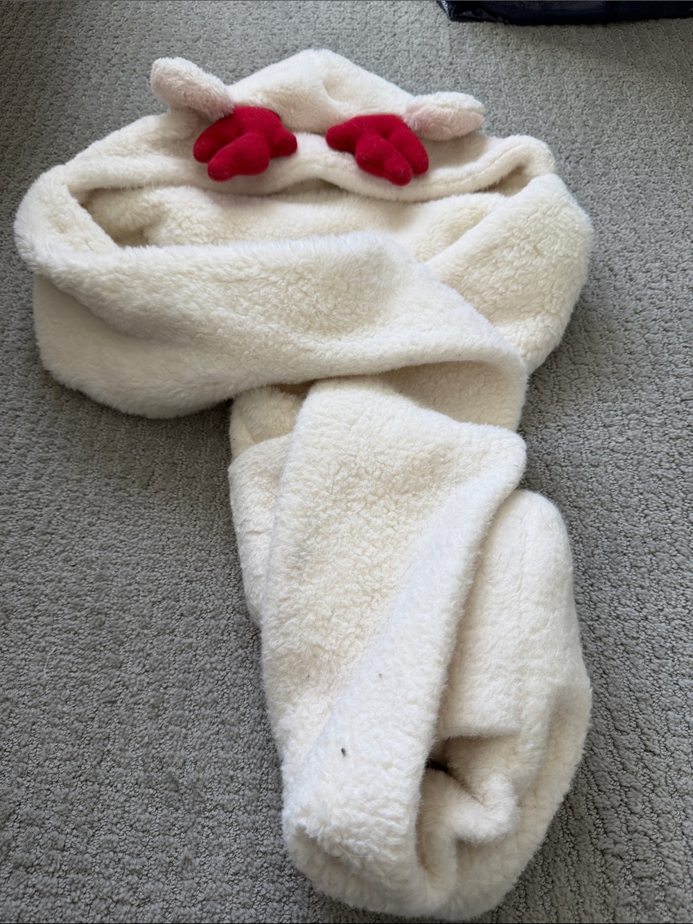 Cream Plush Hooded Scarf with Red Paw Accents